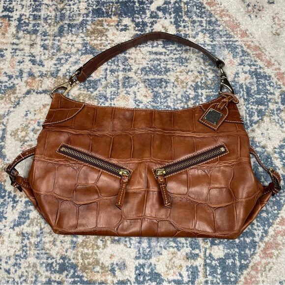 Dooney and Bourke Leather Cinzia Bag Crocodile Embossed Hobo Style Bag Brown - Picture 1 of 12